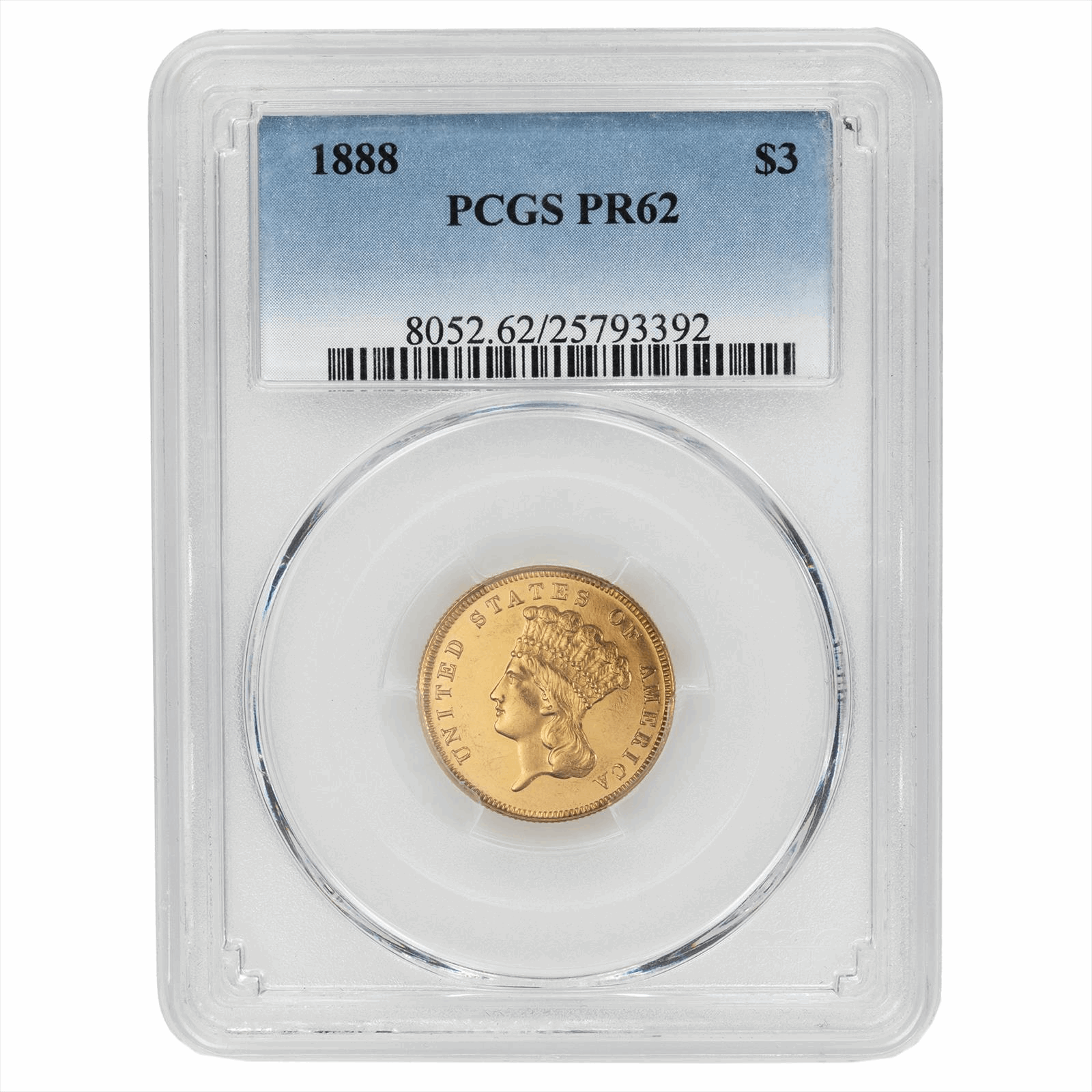1888 $3 Indian Princess Head, PCGS PR62 - Late Date Issue