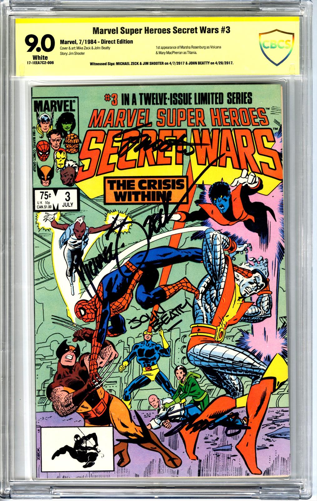 Marvel Super Heroes Secret Wars #3 CBCS 9.0 Signed by Jim Shooter, Mike Zeck, John Beatty 