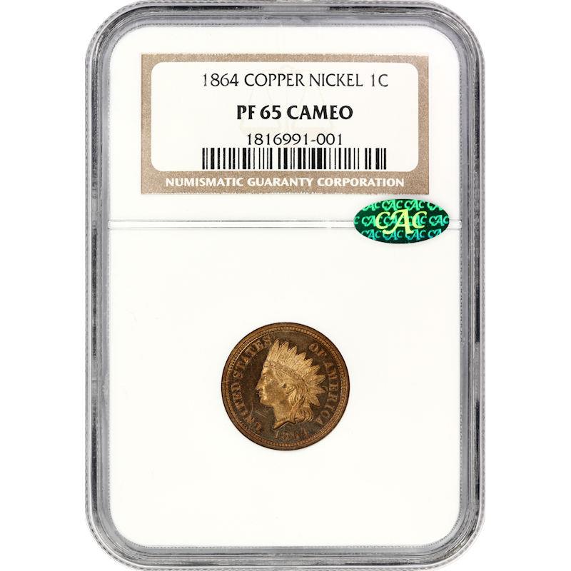 1864  Indian Head Cent 1C NGC and CAC PF 65 CAMEO Copper Nickel Variety