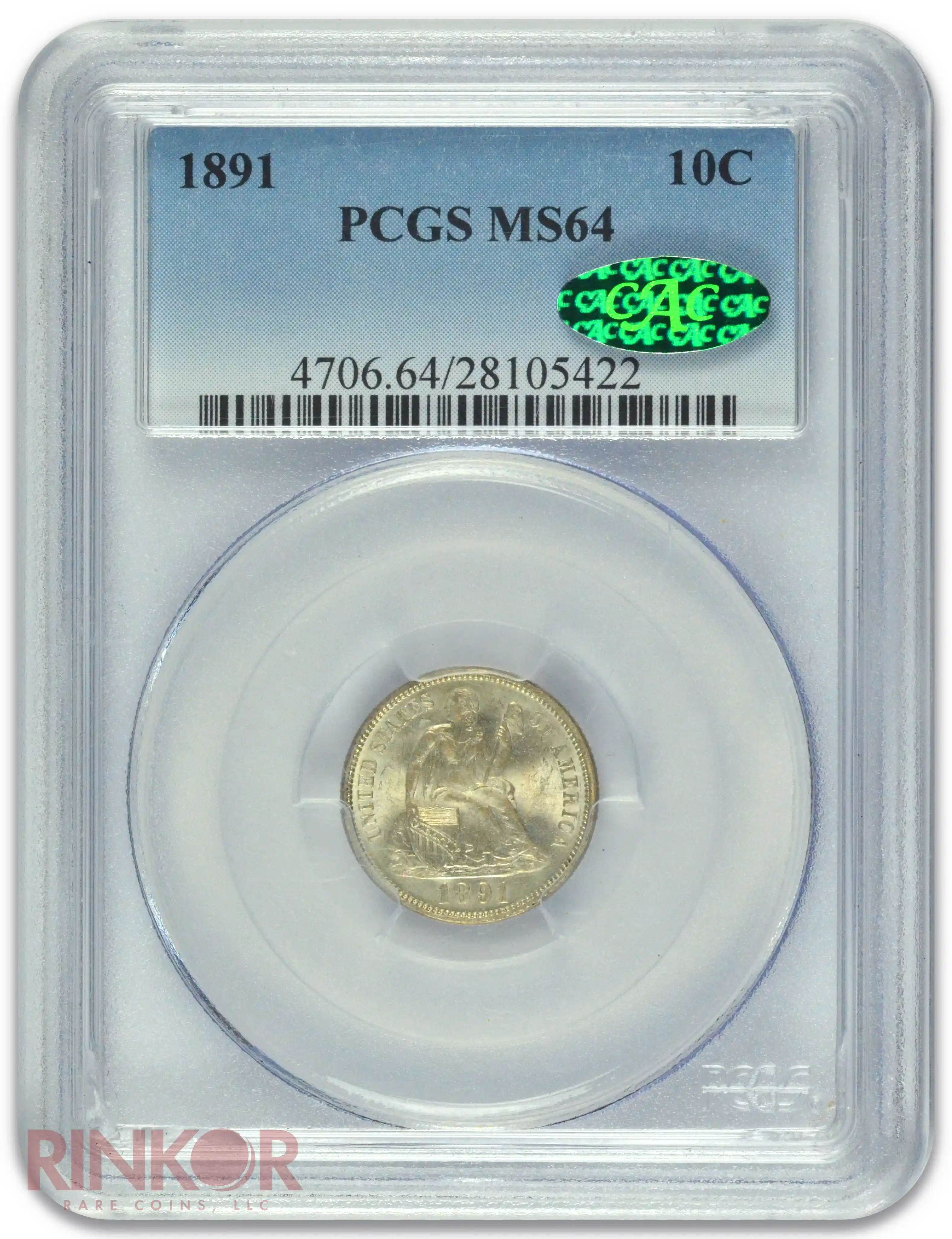 1891 Seated Liberty Dime PCGS MS 64 CAC