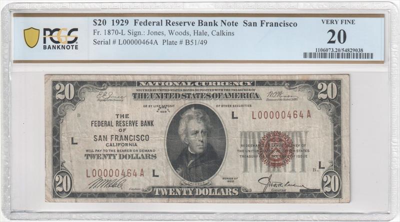 Fr. 1870-L 1929 $20 Federal Reserve BN San Francisco PCGS VF20