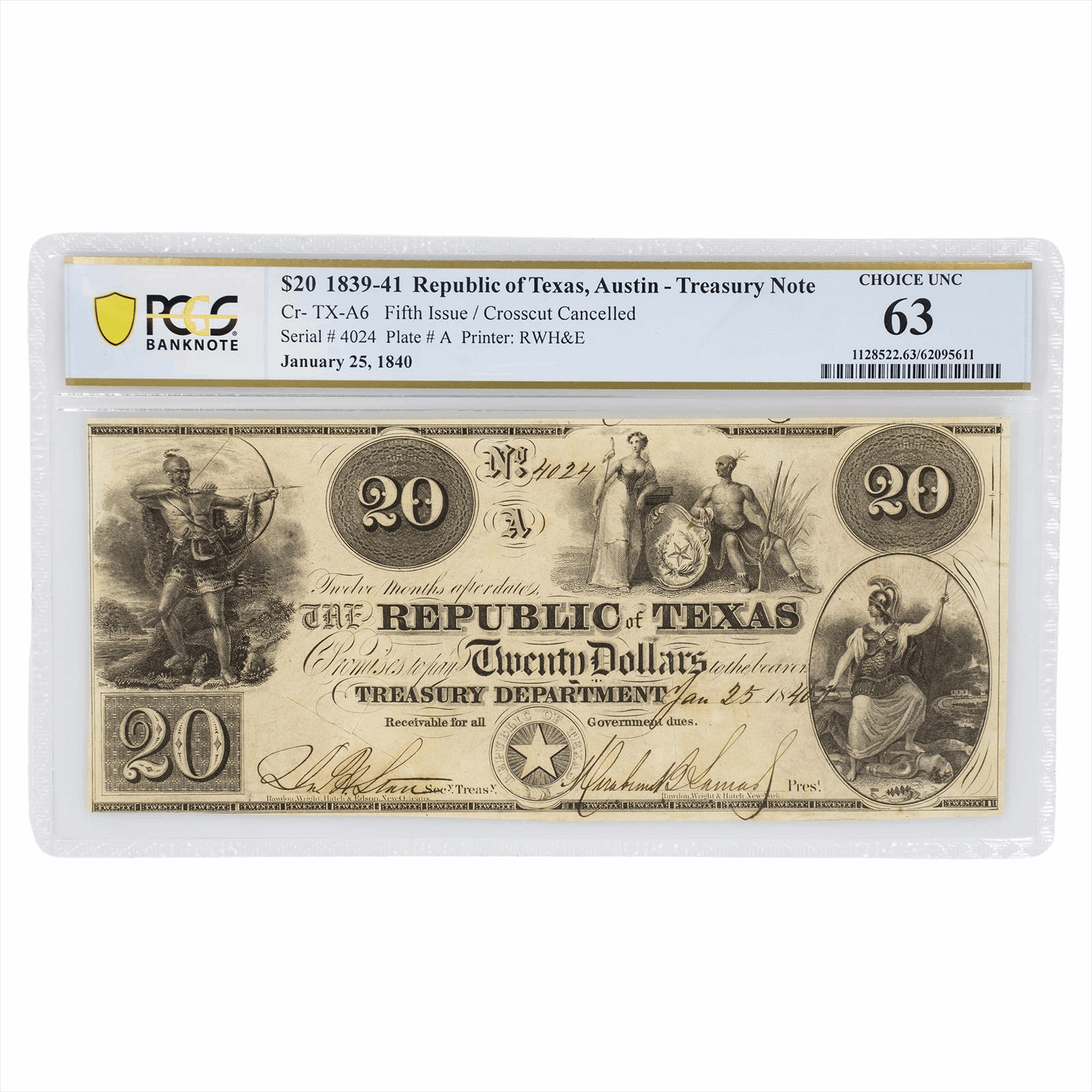 1840 Republic of Texas $20 Austin Red Back Treasury Note PCGS UNC 63