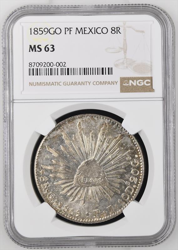 1859 PF Mexico 8 Reales NGC MS 63
