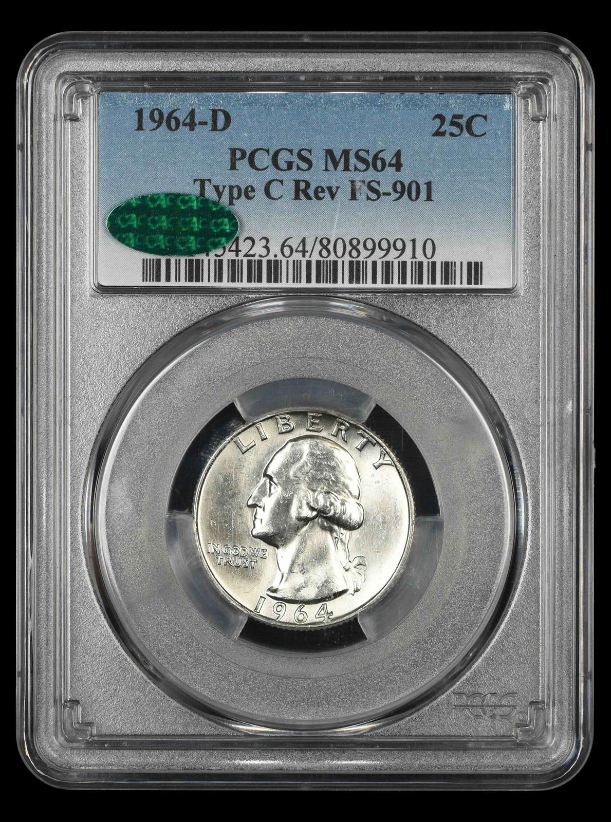 1964 D Washington Quarter Type C Reverse FS-901 PCGS MS64 CAC MS64