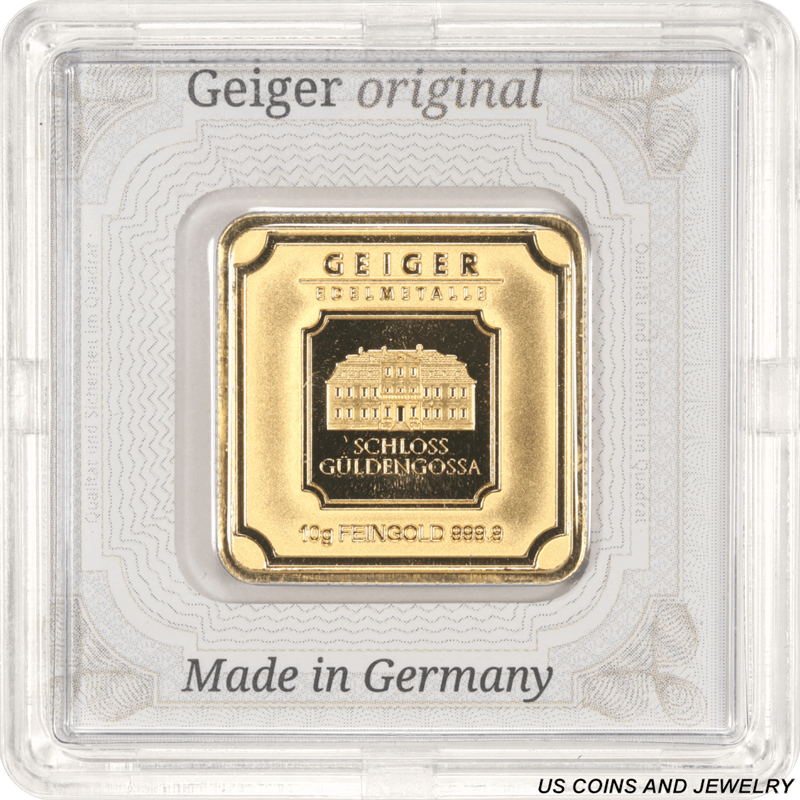 10 Gram 999.9 Fine Gold Geiger Square Bar Sealed in Plastic