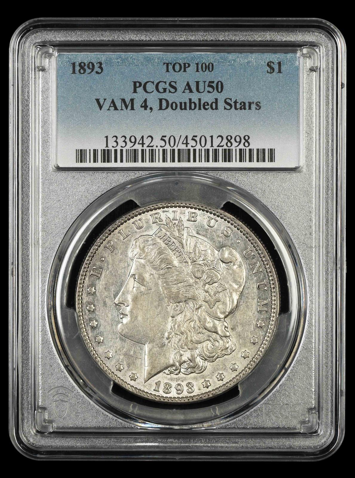 1893 $1 VAM-4 Doubled Stars Top 100 PCGS AU-50