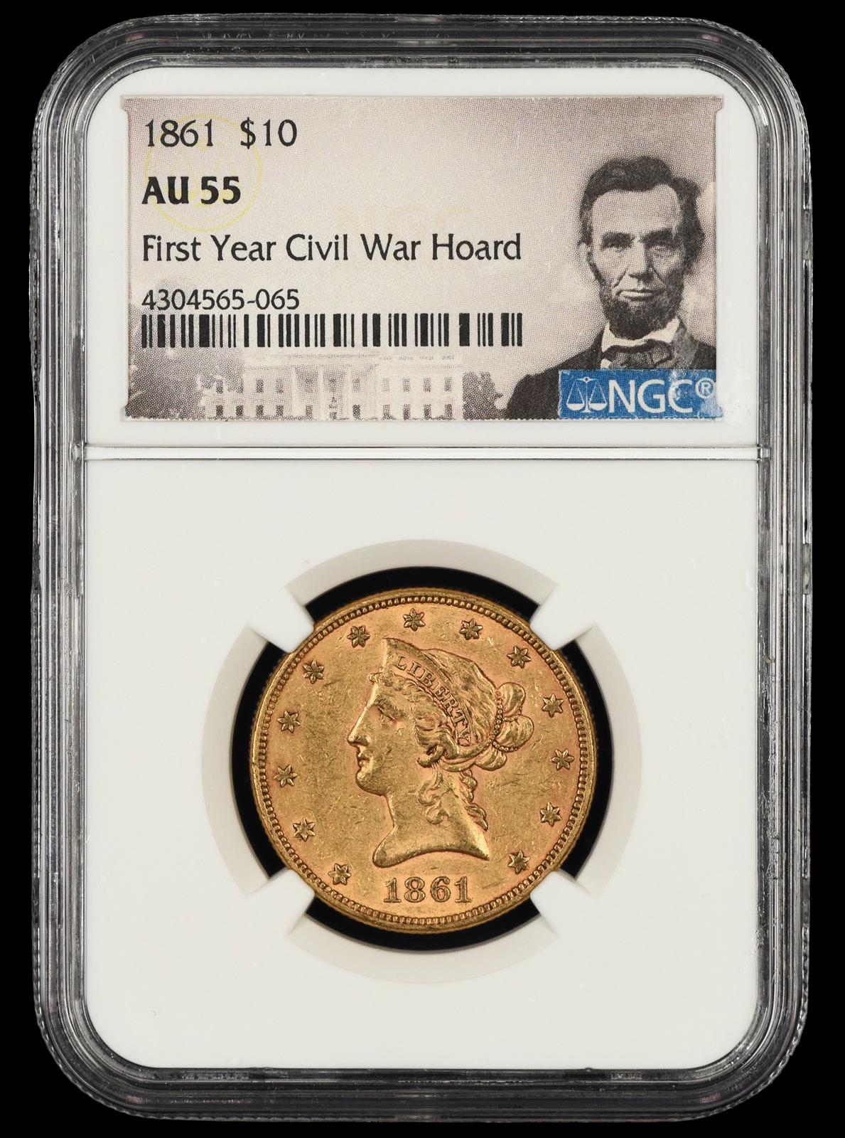 1861 $10 Gold NGC AU-55