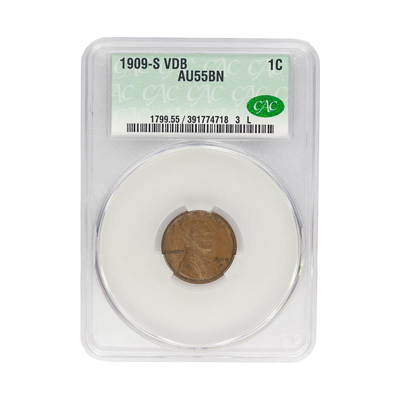 1909-S Lincoln Wheat Cent 1C CACG VDB Key AU 55, CAC Certified Green