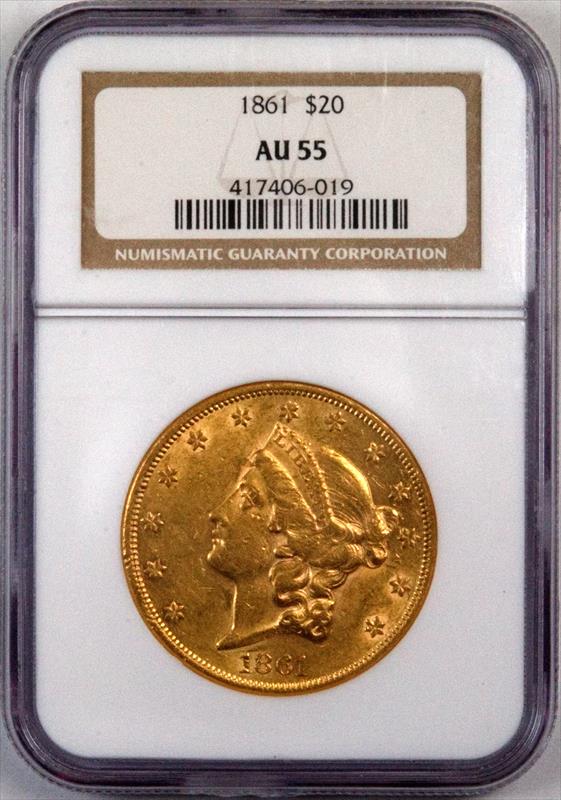 1861 Liberty Head $20 NGC AU55