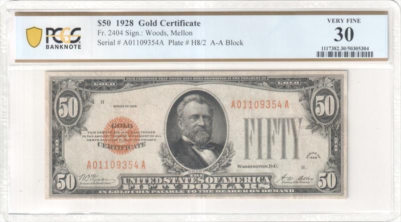 Fr. 2404 1928 $50 Gold Certificate AA Block PCGS VF30 