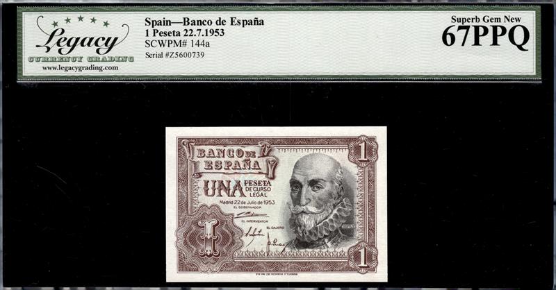 Spain Banco de España 1 Peseta 22.7.1953 Superb Gem New 67PPQ 
