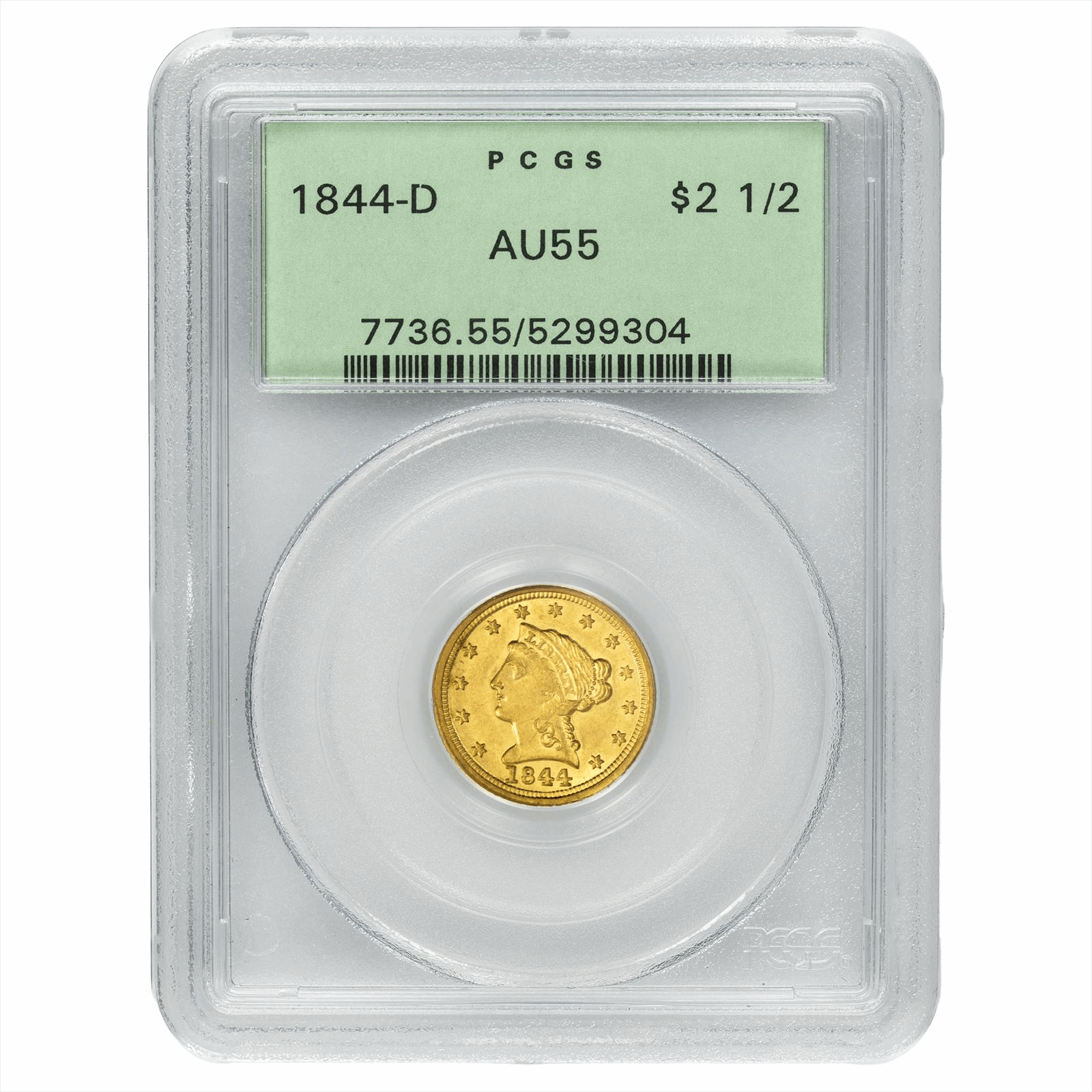 1844-D Liberty Head Gold Quarter Eagle $2.50, PCGS AU 55 - Excellent AU Type Coin - OGH