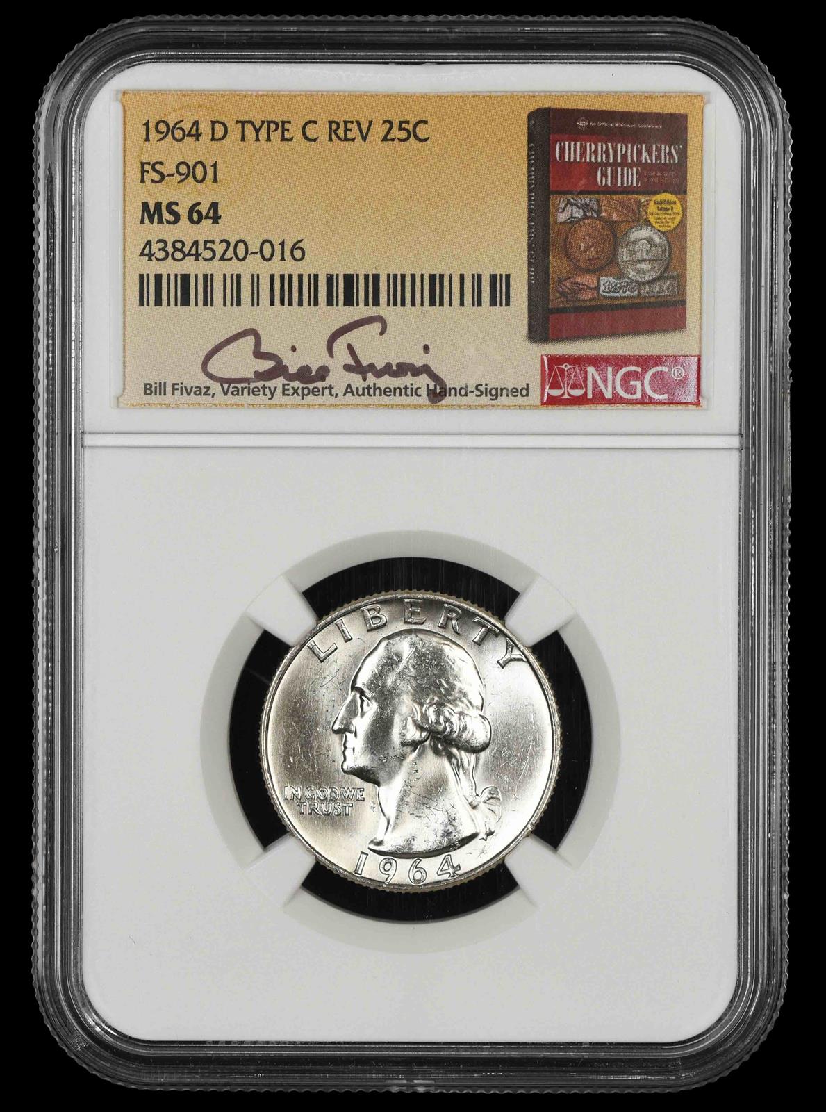 1964 D Washington Quarter NGC MS64 Type C Reverse FS-901 Bill Fivaz Signature Label MS64