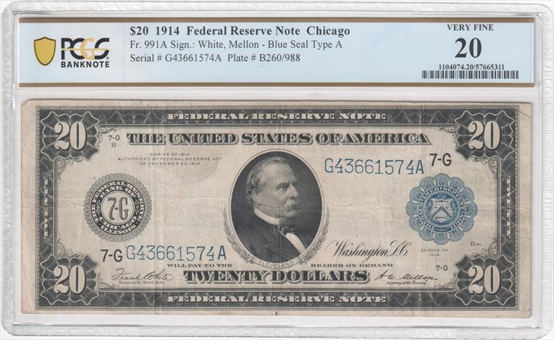 Fr. 991A 1914 $20  Federal Reserve Note Chicago Blue Seal Type A PCGS VF20 