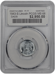 1943-S Lincoln PCGS MS 68