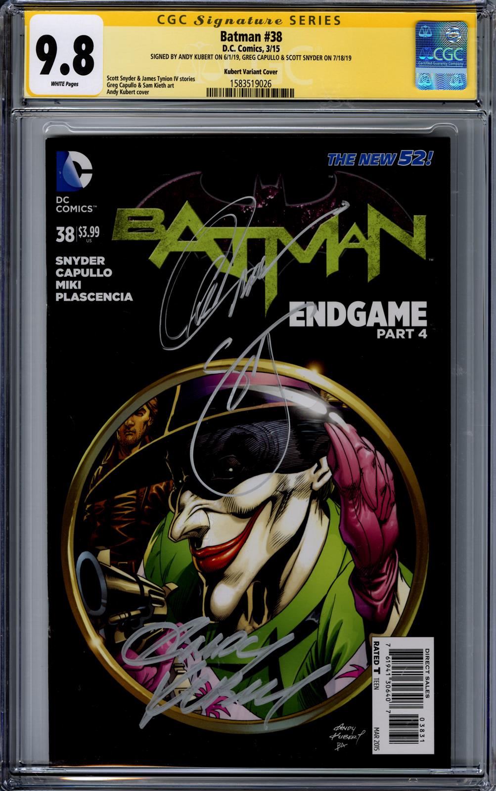 Batman #38 CGC Signature Series 9.8 (D.C., 2015) Signed by Andy Kubert, Greg Capullo, & Scott Snyder 
