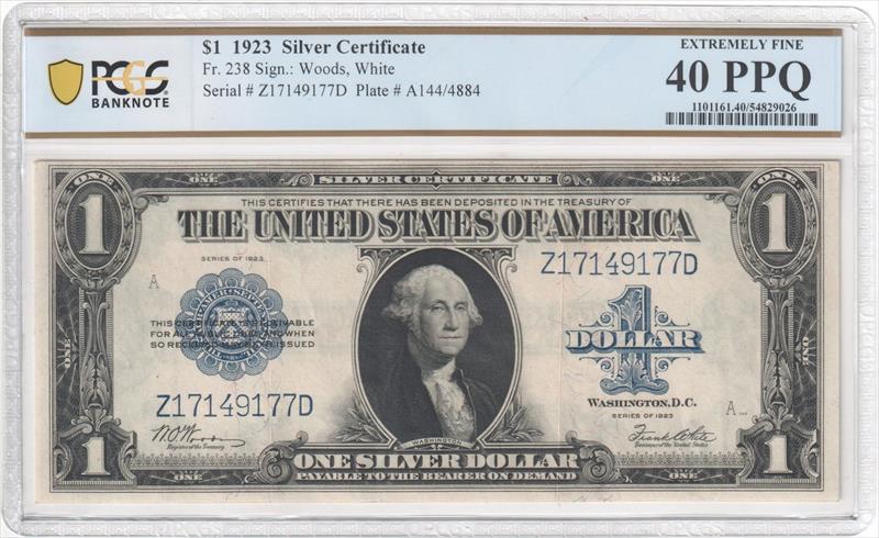 Fr. 238 1923 $1 Silver Certificate PCGS EF40 PPQ 