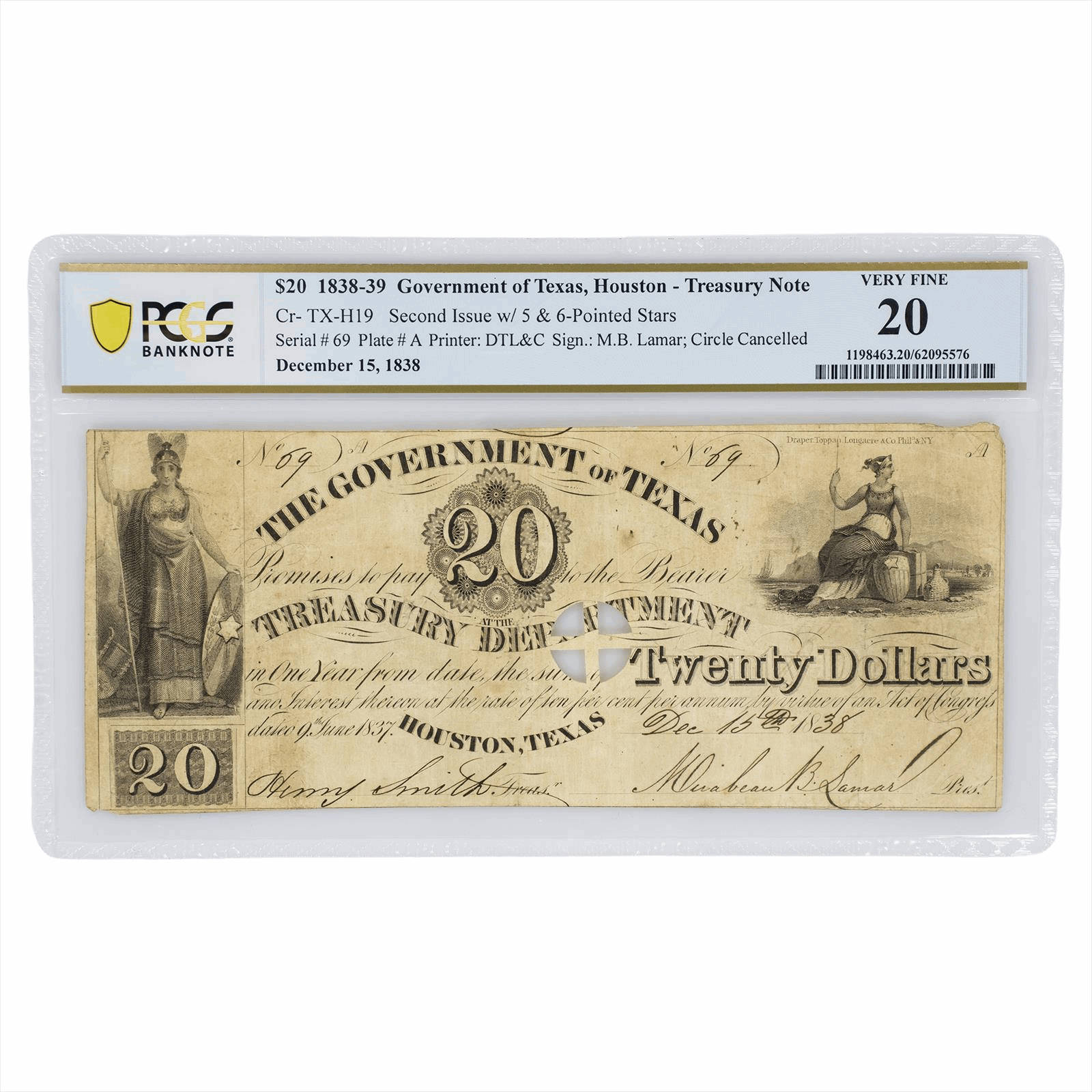 1838–1839 Republic of Texas $20 Houston Treasury Note PCGS VF 20
