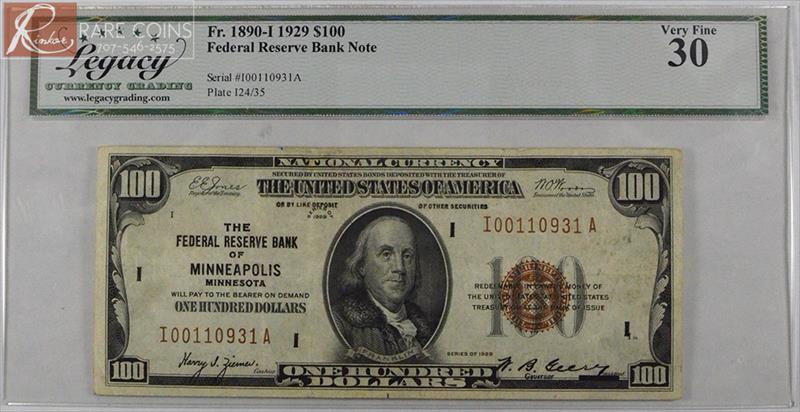 1929 $100 Fr. 1890 Federal Reserve Bank Note LCG VF-30