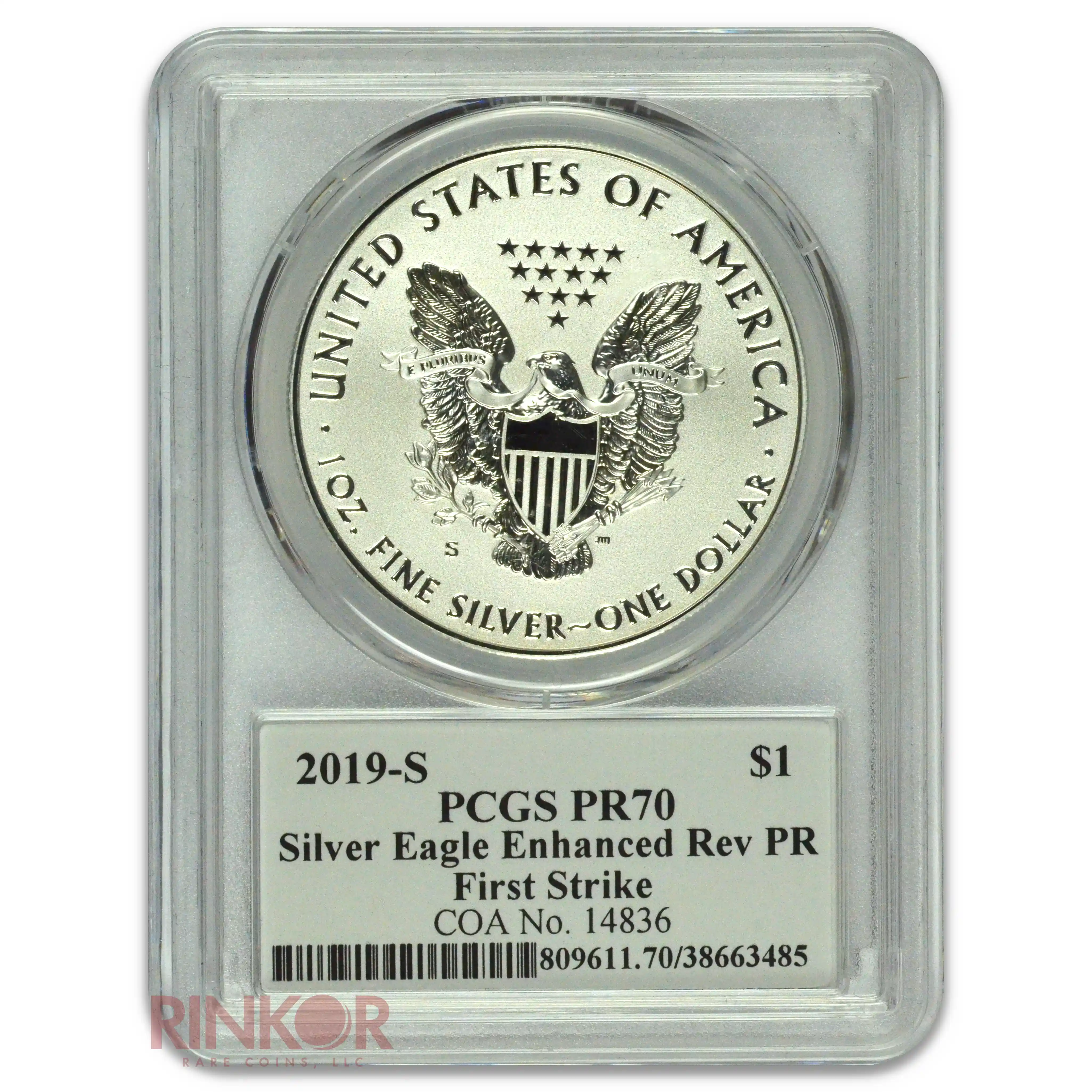 2019-S $1 Silver Eagle Enhanced Reverse Proof First Strike Whitley Signature PCGS PR 70