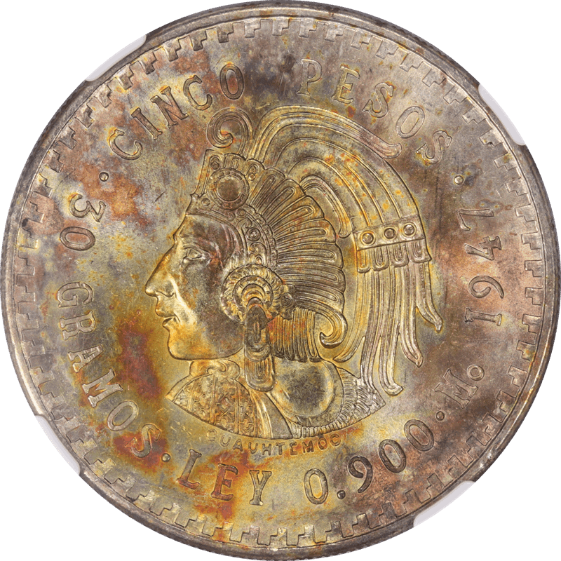 Mexico 1947-Mo Cuahtemoc 5 Pesos Silver NGC MS 64 Beautiful Paper Toning