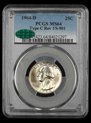 1964 D Washington Quarter Type C Reverse FS-901 PCGS MS64 CAC MS64