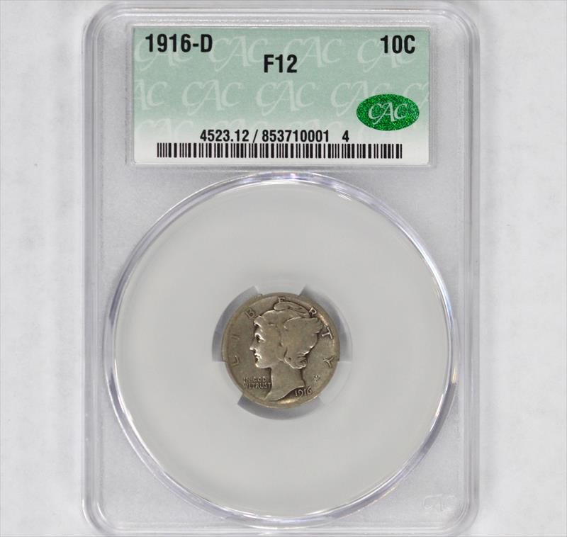 1916-D 10c Mercury Silver Dime CACG F12 - KEY DATE! - CAC Approved