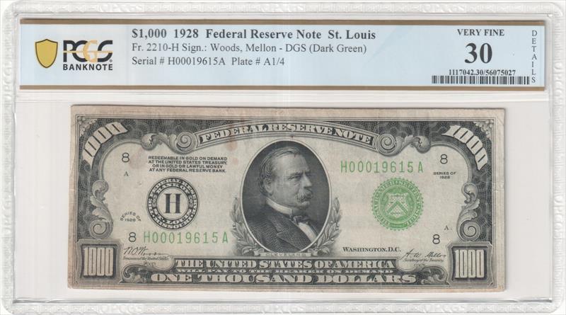 Fr. 2210-H 1928 $1,000 Federal Reserve Note St. Louis Dark Green PCGS VF30 Details 