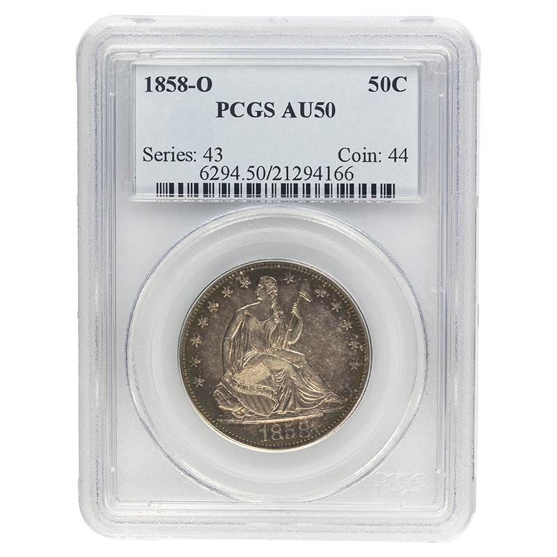 1858-O Seated Liberty Half Dollar, 50C PCGS AU 50 