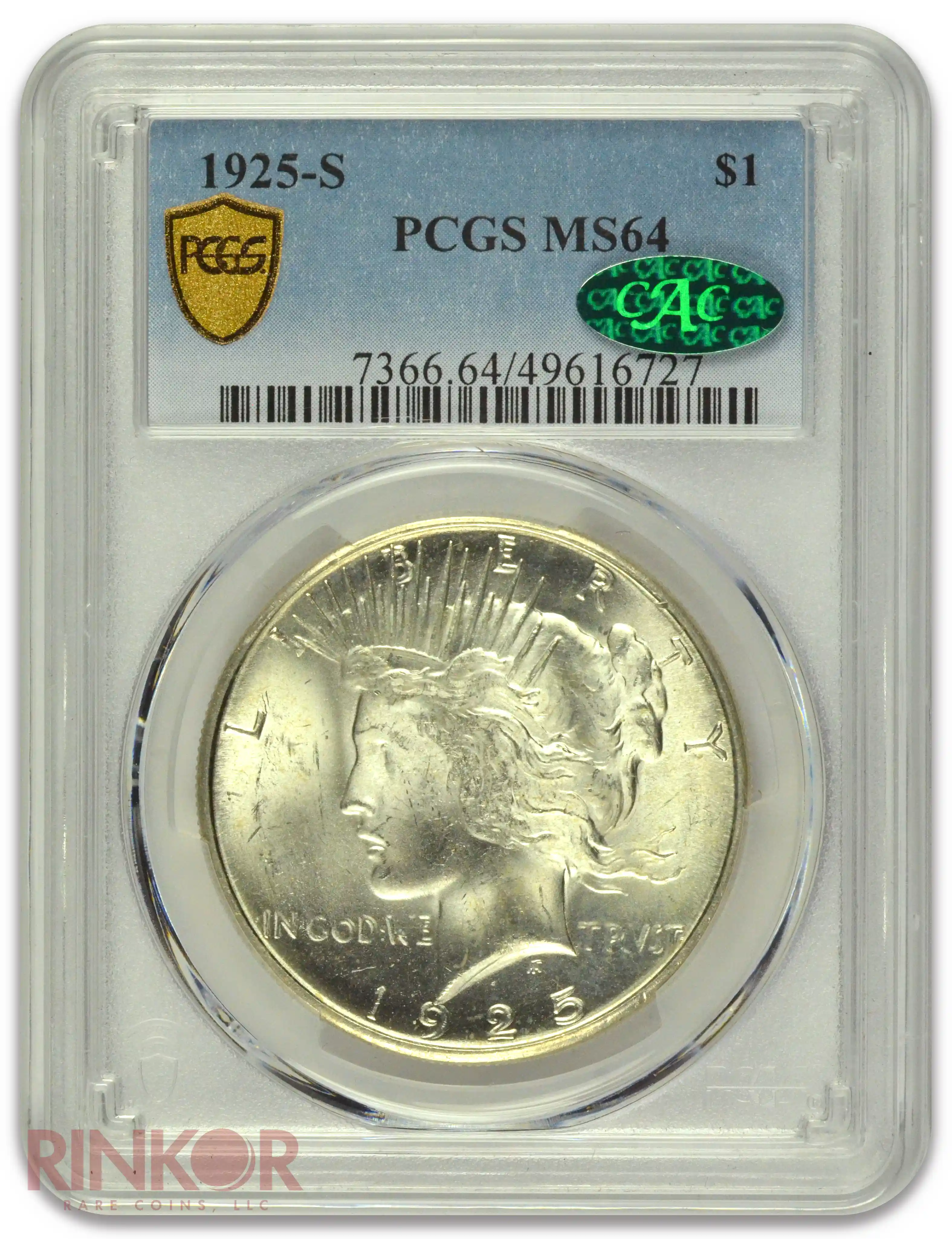 1925-S $1 Peace Dollar PCGS MS 64 CAC