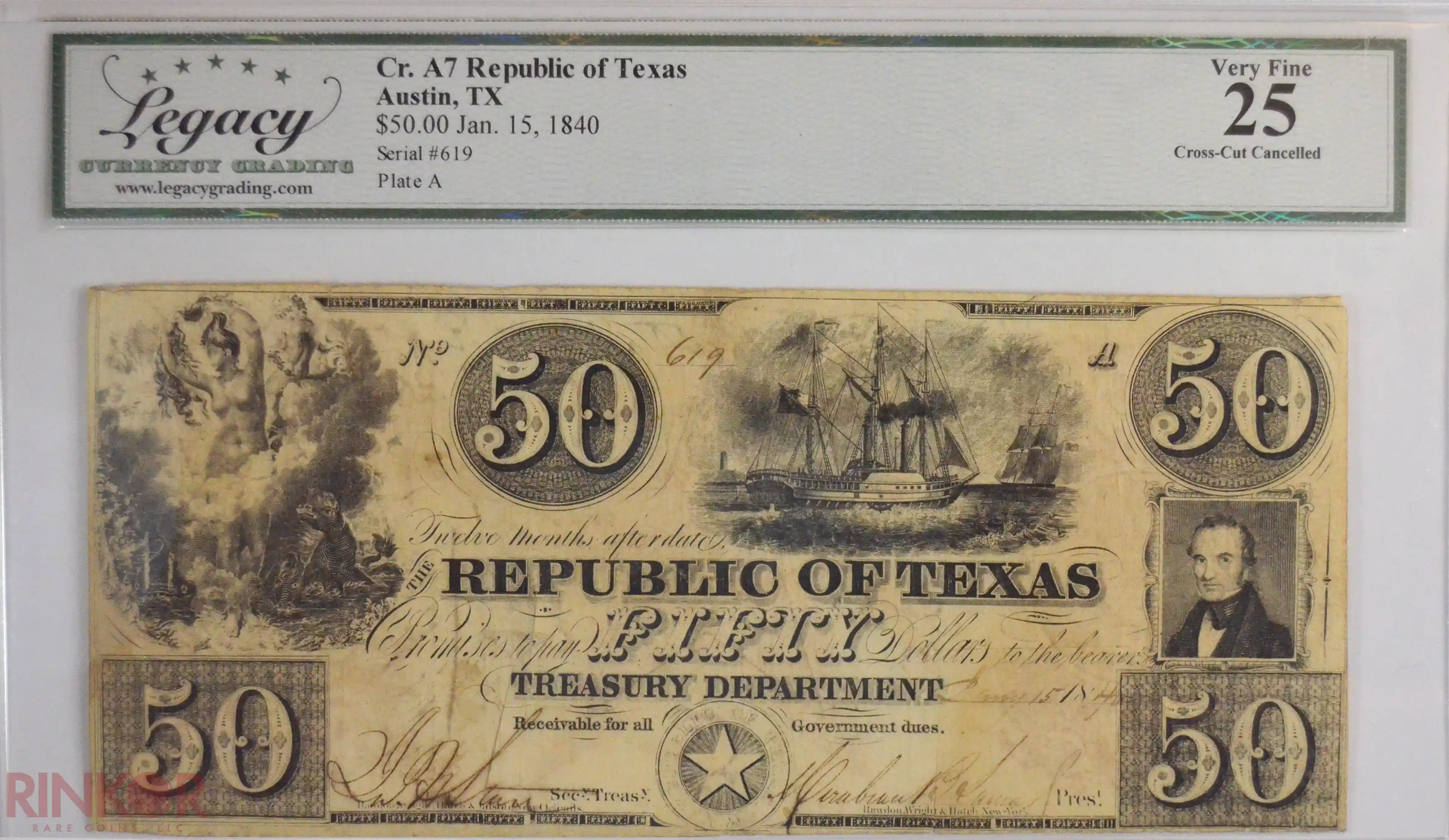 1840 $50 Cr. A7 Republic of Texas Cross-Cut Cancelled LCG VF-25