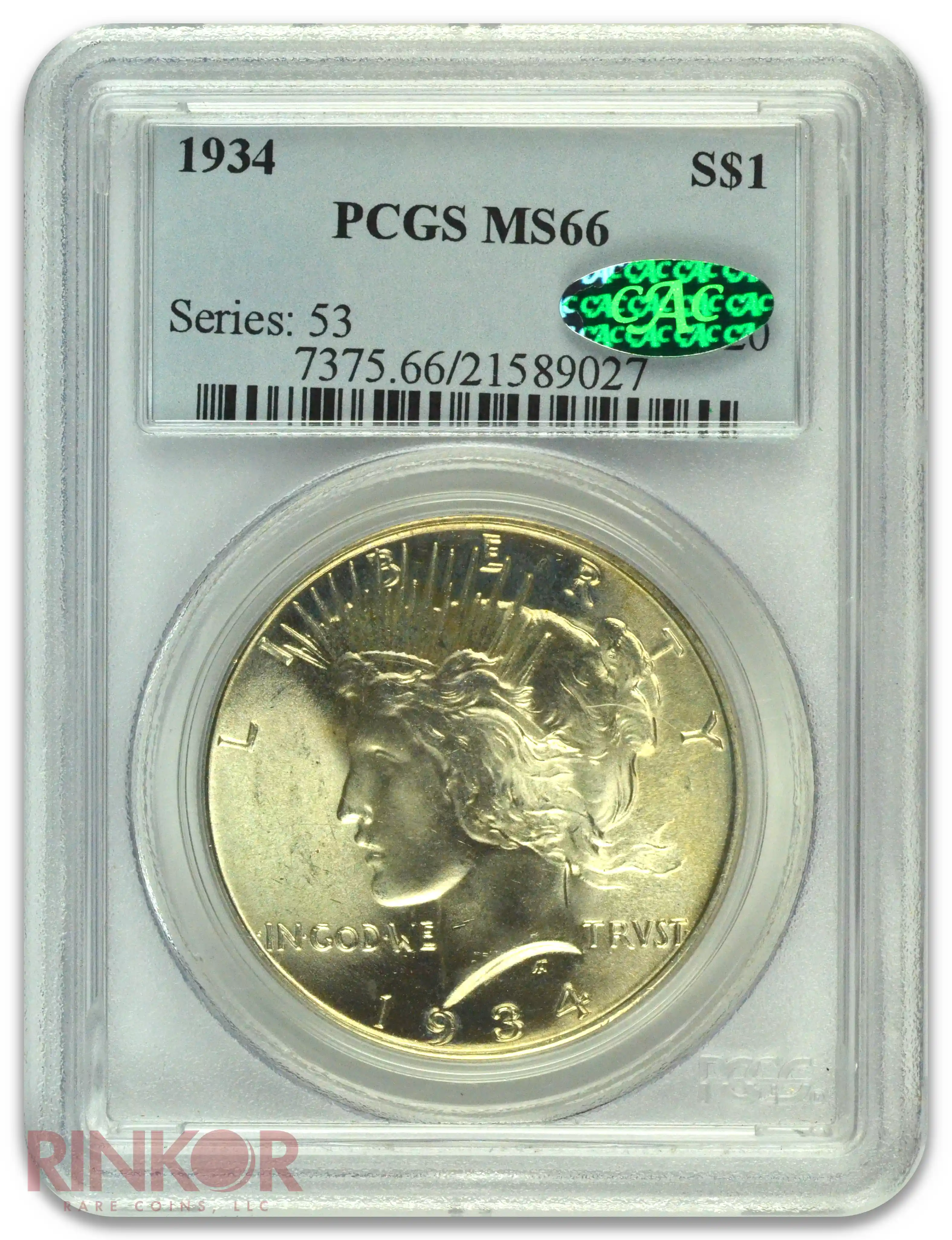 1934 $1 Peace Dollar PCGS MS 66 CAC