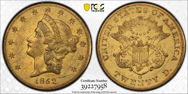 1852-O Liberty Head $20 PCGS AU50