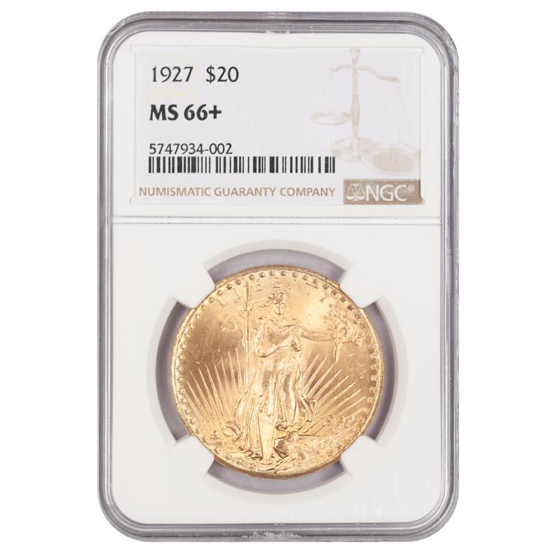 1927 St. Gaudens $20 NGC MS 66 + Chipped at top of NGC Holder