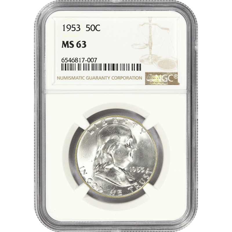 1953 Franklin Half Dollar 50C, NGC MS-63 - Nice White Coin