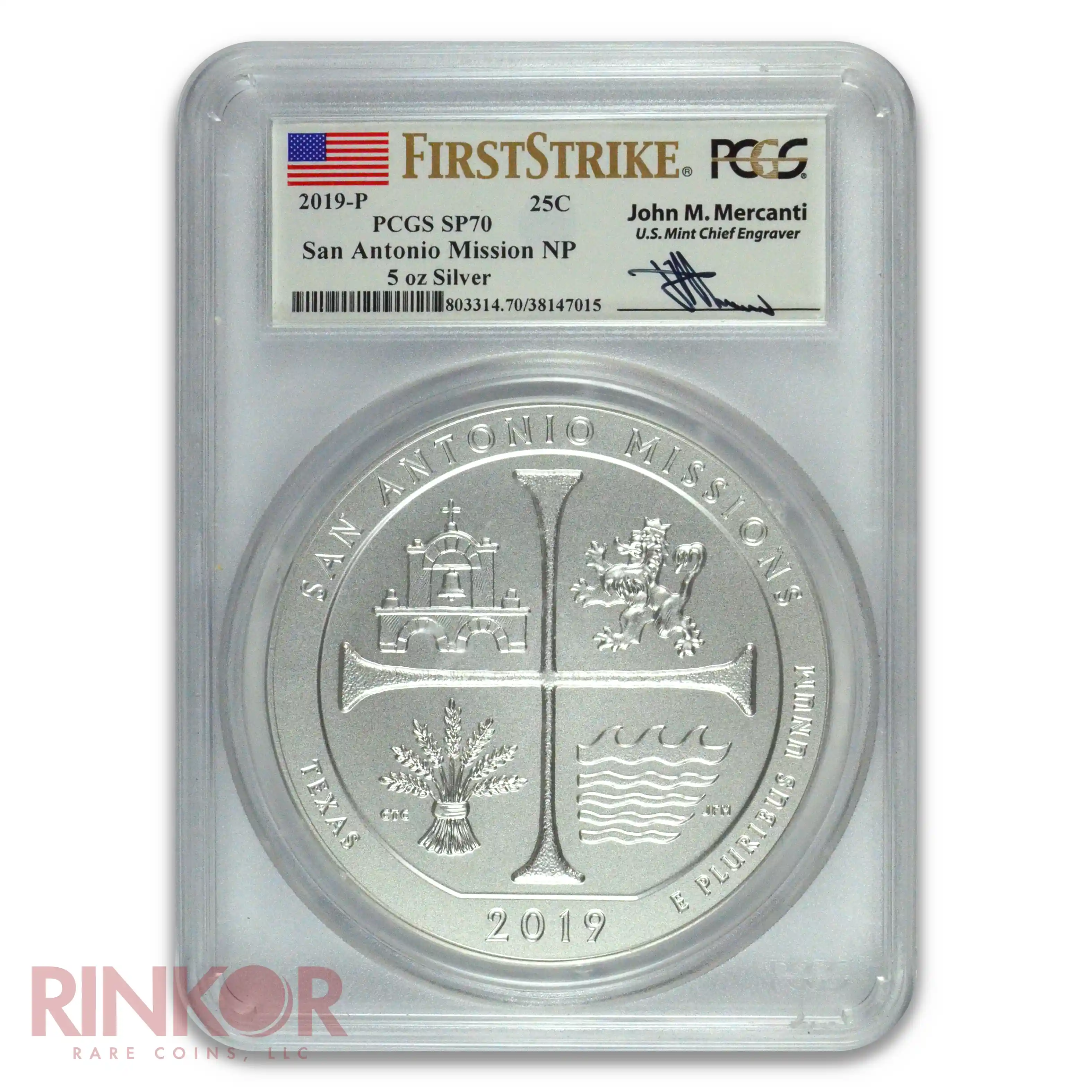 2019-P 5oz America the Beautiful San Antonio Mission First Strike Mercanti PCGS SP 70