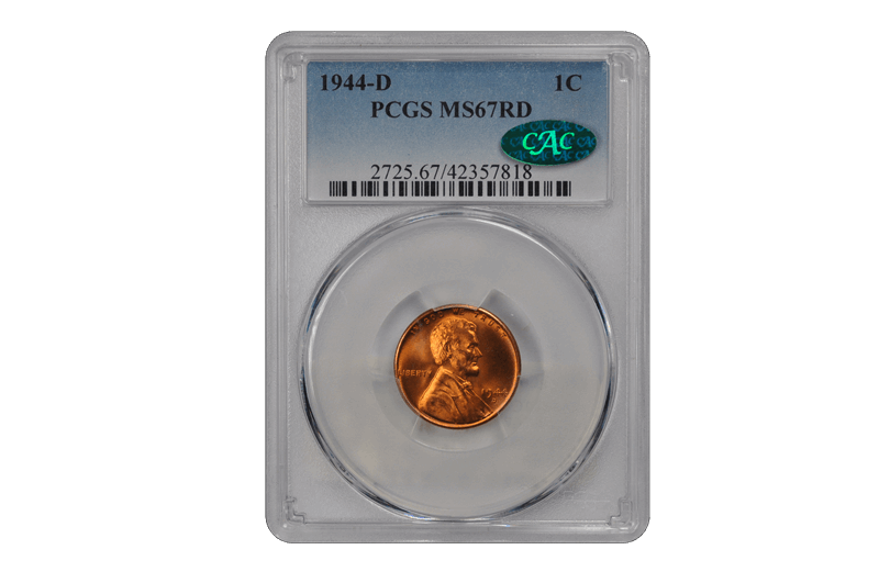 1944-D 1C Lincoln Cent - Type 1 Wheat Reverse PCGS RD (CAC)#3689-1 MS67