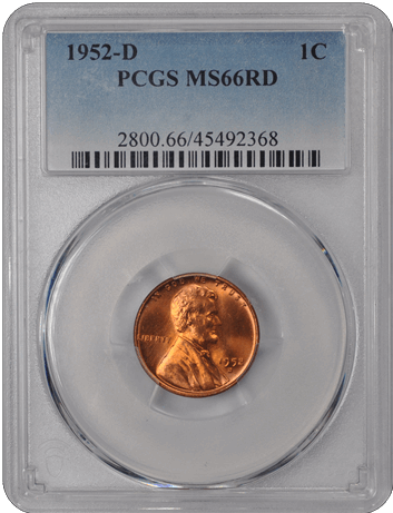 1952-D 1C Lincoln Cent - Type 1 Wheat Reverse PCGS RD #3461-18 MS66