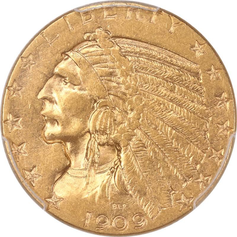 1909-O Indian $5 Gold Half Eagle, PCGS  AU53+ CAC - Rare Half Eagle