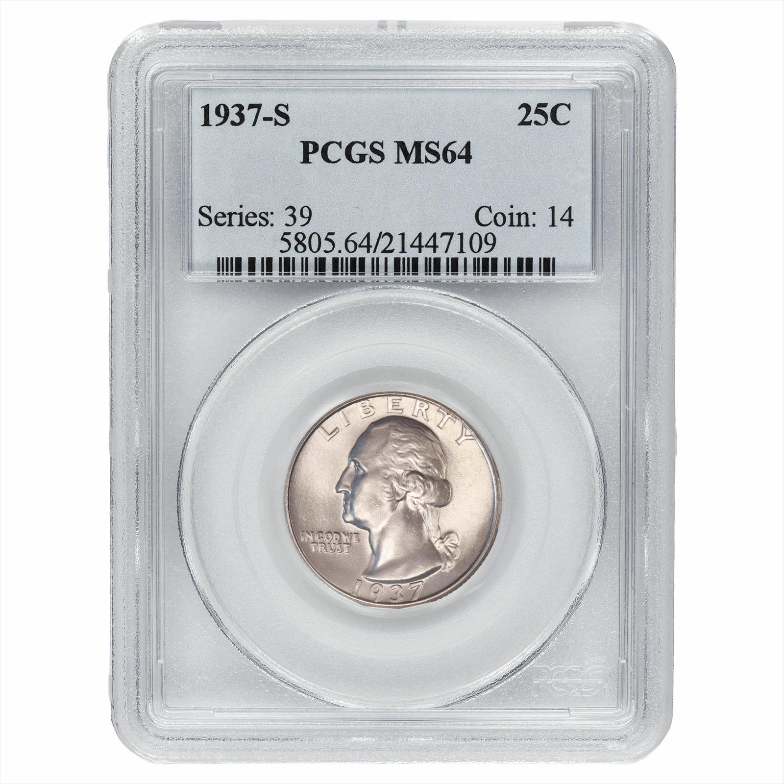 1937-S Washington Quarter 25C PCGS MS 64 
