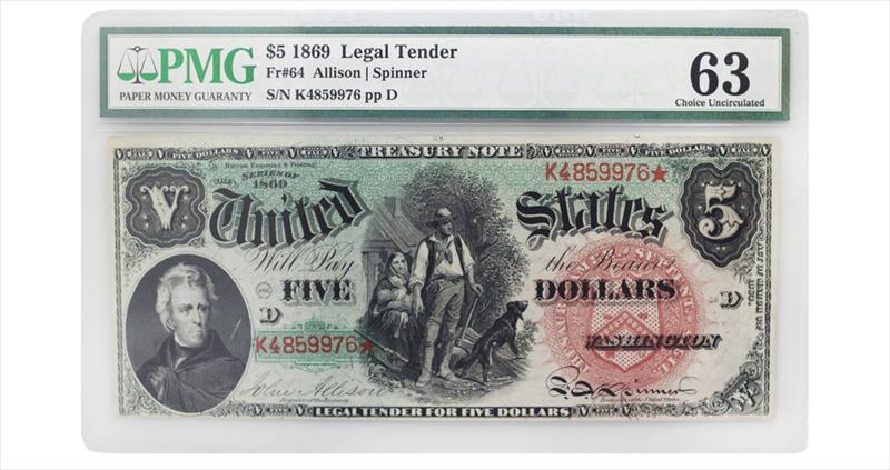 1869 $5 Legal Tender Note Fr# 64 - PMG Choice UNC 63 - Allison / Spinner