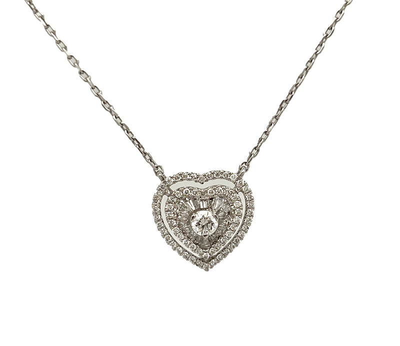 .94cttw Round and Baguette Diamond Heart Pendant Necklace in 14k White Gold 