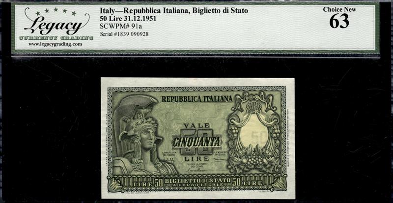 ITALY REPUBBLICA ITALIANA BIGLIETTO DI STATO 50 LIRE 31.12.1951 CHOICE NEW 63 