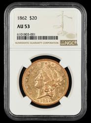 1862 $20 Gold NGC AU-53