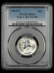 1964 D Washington Quarter PCGS MS64 Type C Reverse FS-901 MS64