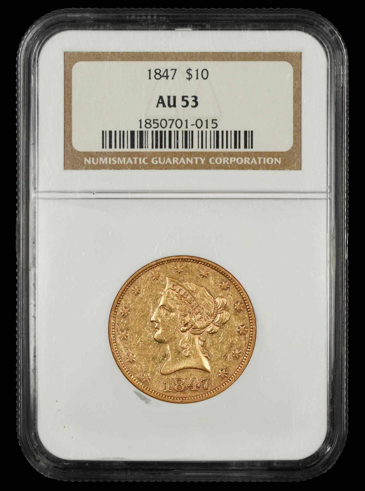 1847 $10 Gold NGC AU53