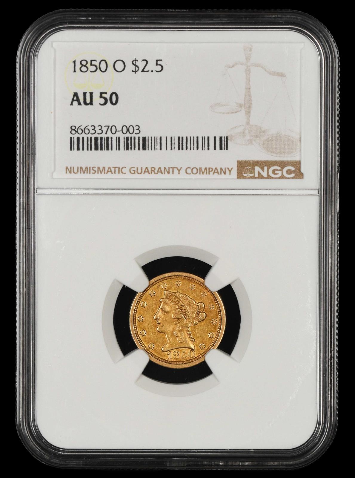 1850 O $2.5 Gold NGC AU50