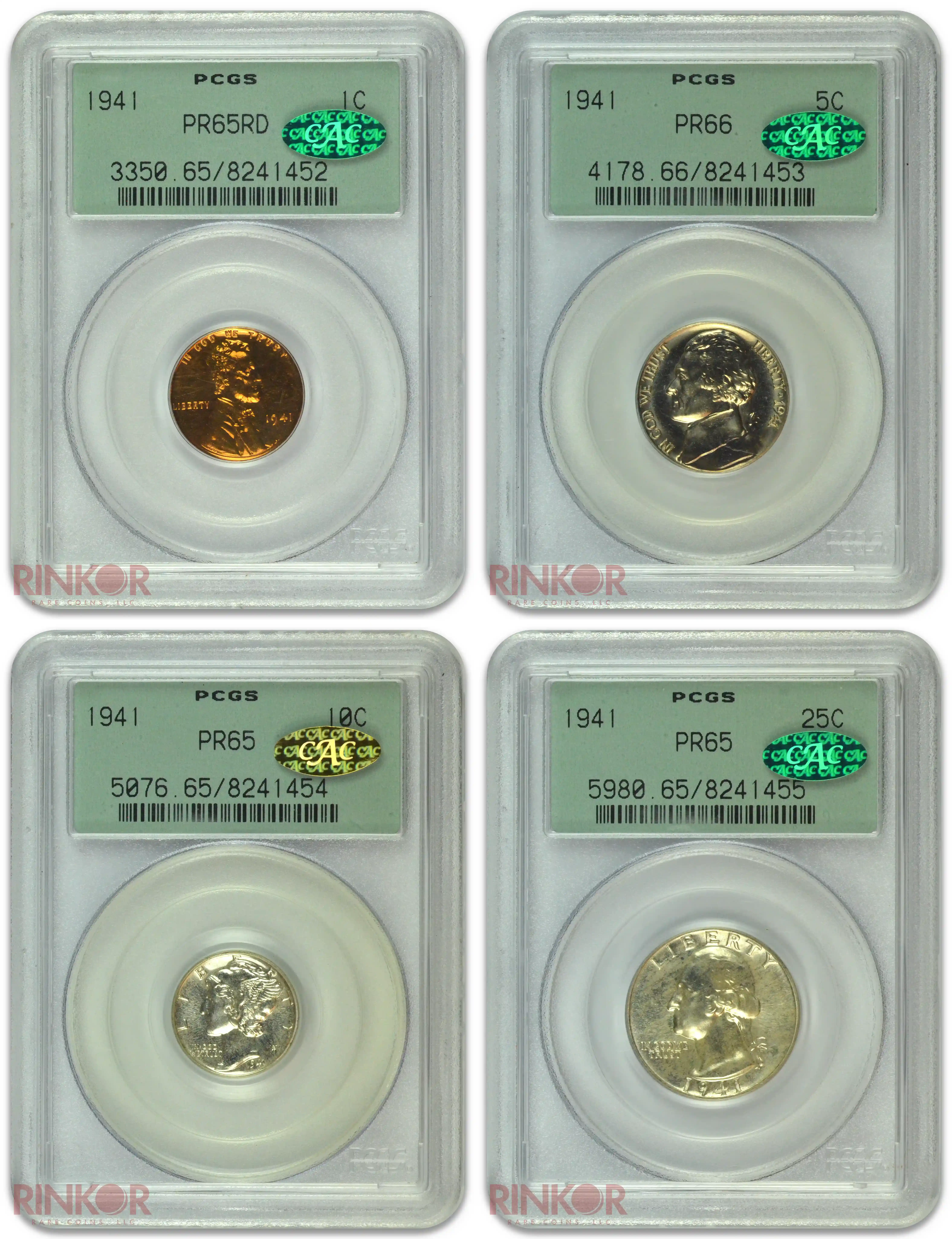 1941 Old Green Holder (OGH) Sequential Number 4-Coin Proof Set with Gold CAC PCGS PR65-66 CAC