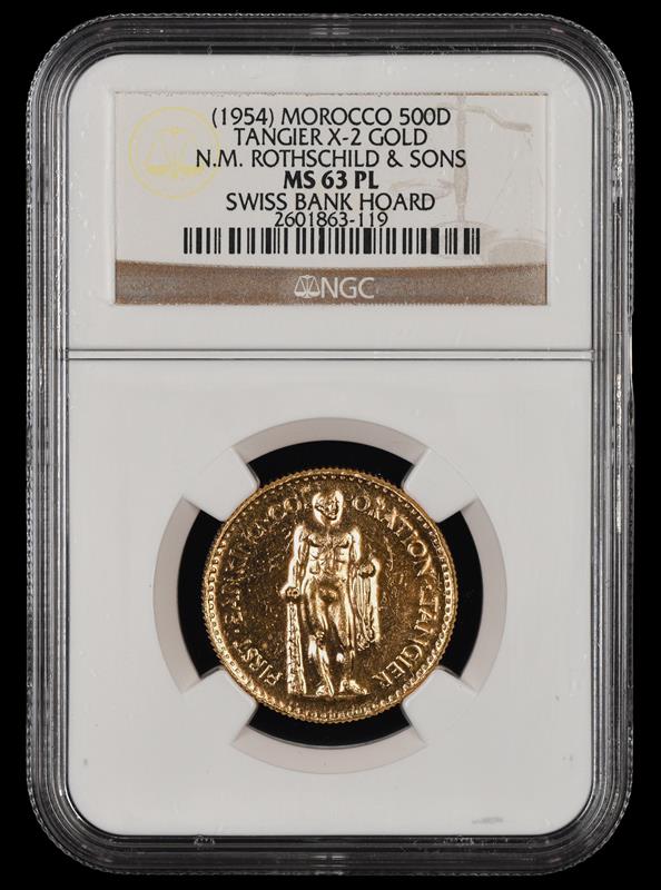 1954 500D MOROCCO TANGIER GOLD N.M. ROTHSCHILD & SONS NGC  MS63PL