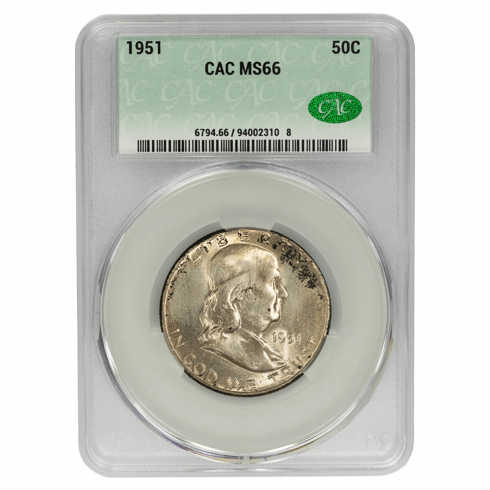 1951 Franklin Half Dollar 50C CACG MS 66 CAC